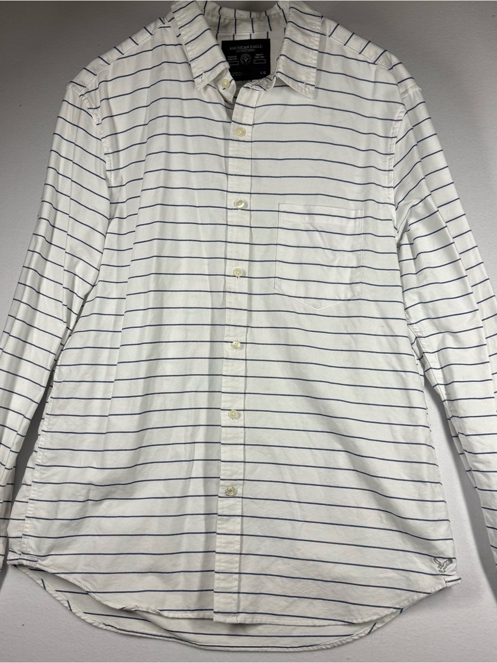American Eagle Outfitters White Shirt with Navy Horizontal Stripes